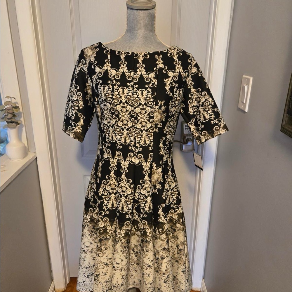 Gabby Skye Black and Cream Patterned Midi Dress